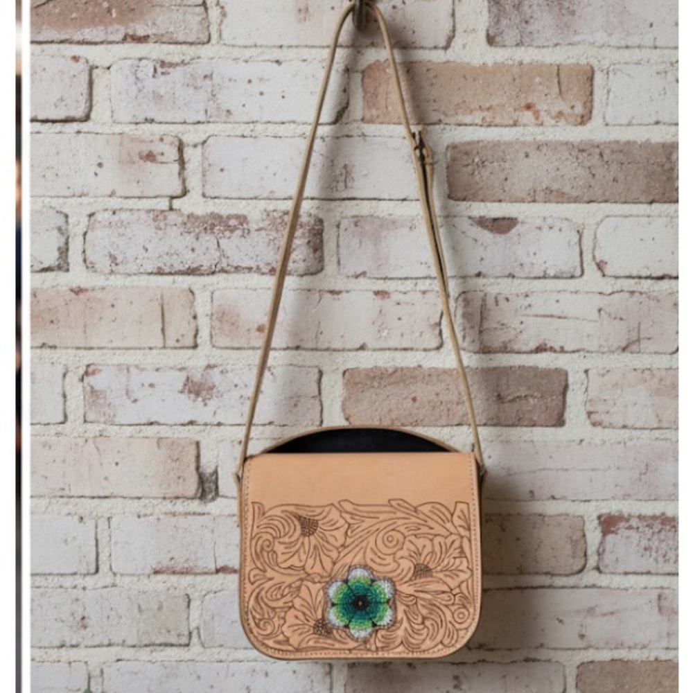 Vintage Floral Hand Tooled Leather Crossbody Bag
